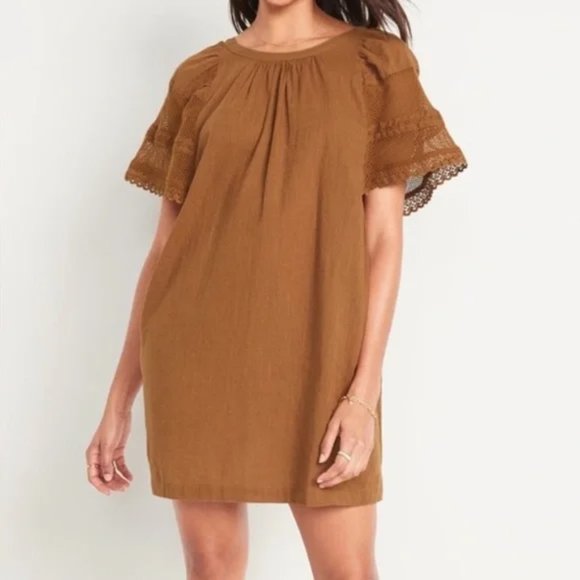 Old Navy Dresses & Skirts - OLD Navy Flutter Sleeve Crochet Sleeve Shift Dress in Brown 3X Boho Bohemian